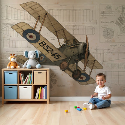Kids-Mundo vintage aeroplane blueprint wall mural styled in a calm nursery with warm sepia tones.
