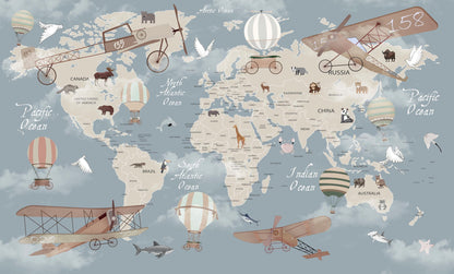Kids-Mundo animal world map wall mural artwork, giraffes, pandas and moose scattered across a vintage-style map.