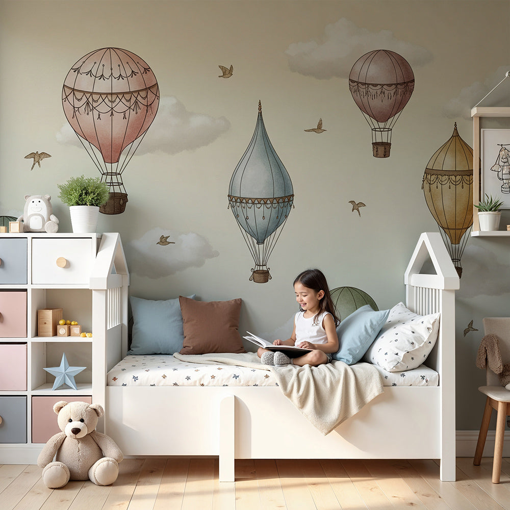 Kids-Mundo vintage hot air balloon wall mural with birds in a nursery setting
