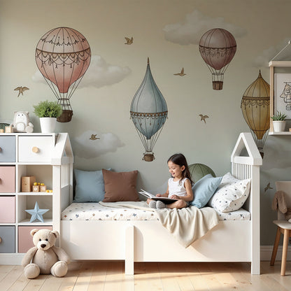 Kids-Mundo vintage hot air balloon wall mural with birds in a nursery setting
