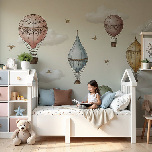Kids-Mundo vintage hot air balloon wall mural with birds in a nursery setting