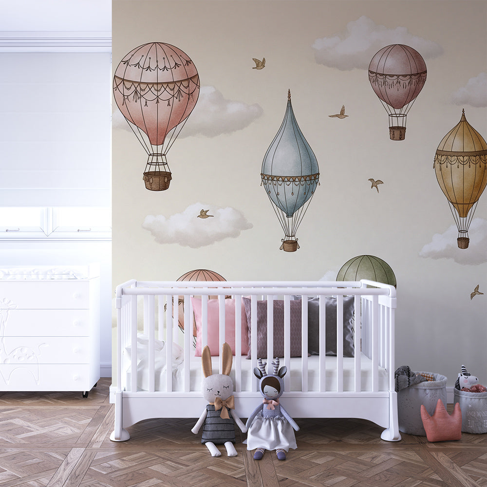 Kids-Mundo vintage hot air balloon wall mural in a playroom feature wall