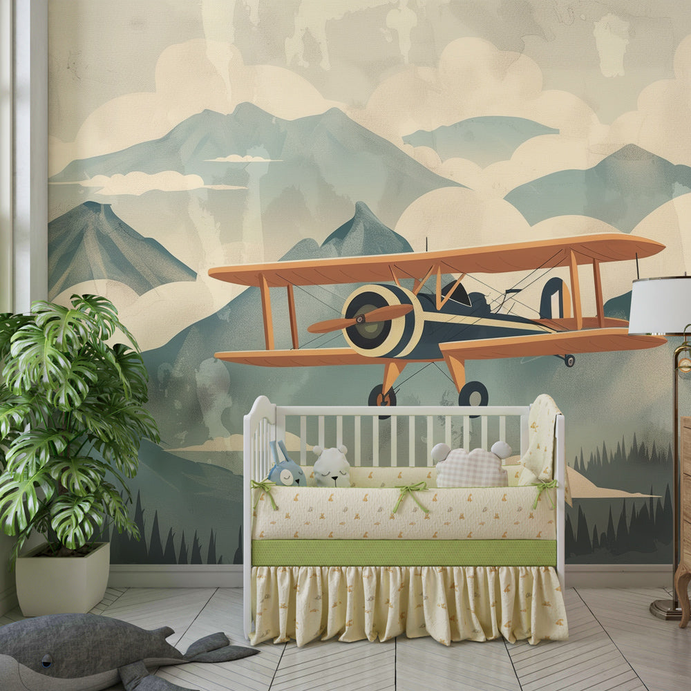 Kids-Mundo vintage biplane mountain wall mural as a feature wall behind the bed in a kids bedroom
