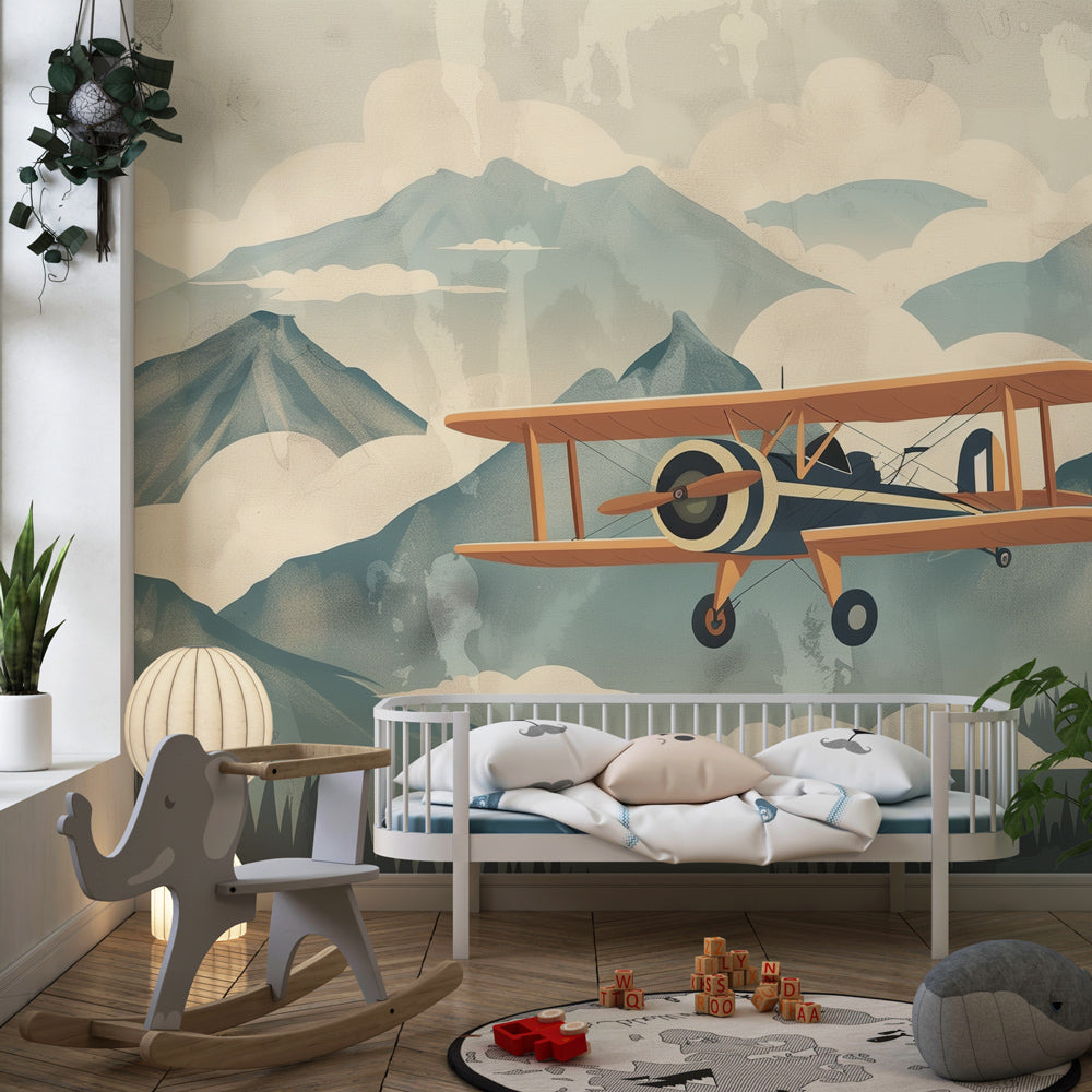 Kids-Mundo vintage biplane mountain wall mural brightening a colourful children's playroom corner