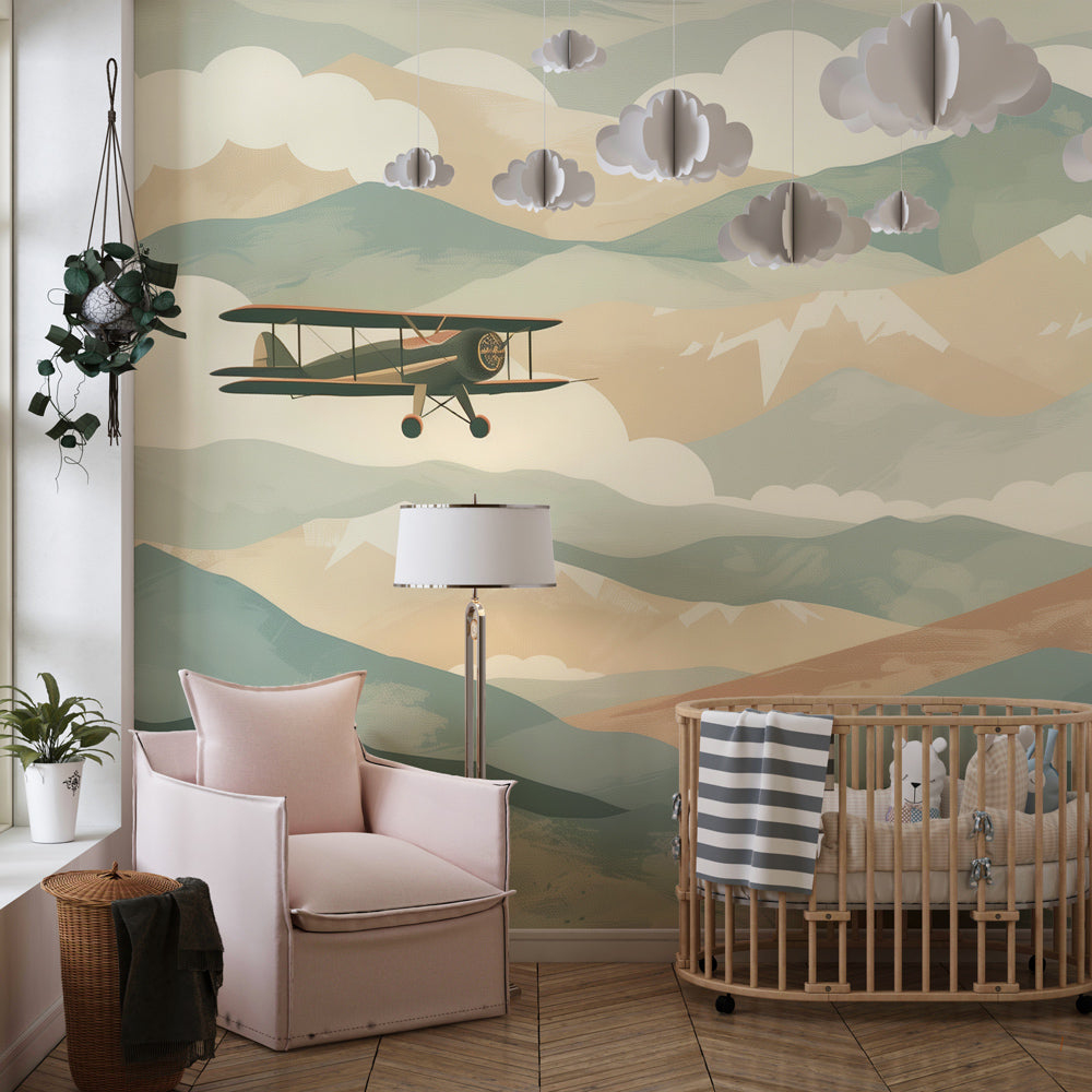 Kids-Mundo vintage biplane mural with pastel mountain layers decorating a child's bedroom wall