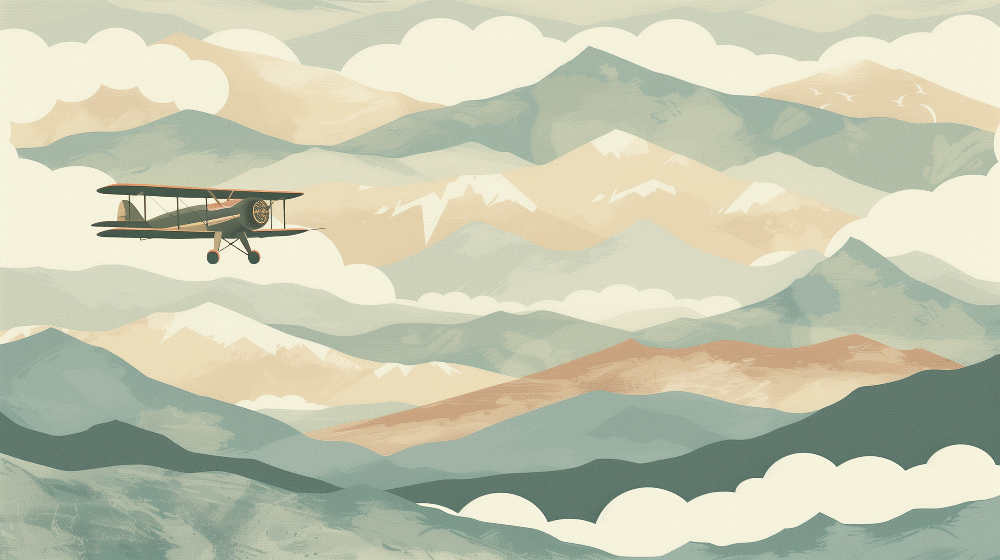 Kids-Mundo vintage biplane wall mural flat artwork showing layered pastel mountain ranges