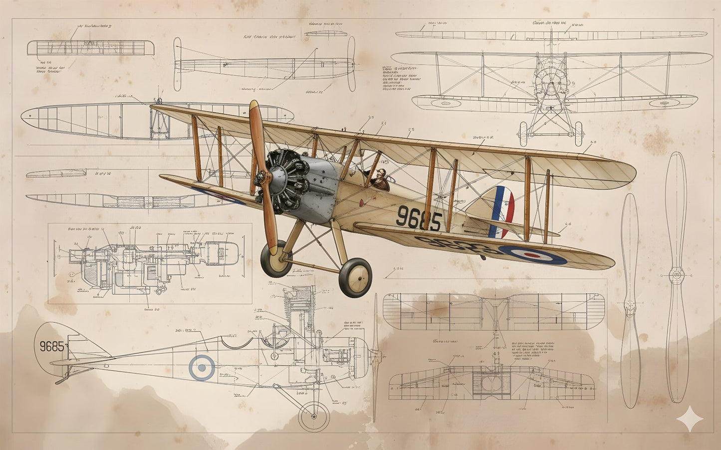 Kids-Mundo biplane artwork showing a vintage aircraft surrounded by detailed sepia technical sketches.