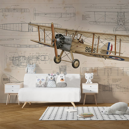 Kids-Mundo vintage biplane mural covering a playroom wall, made-to-measure technical sketch wallpaper.