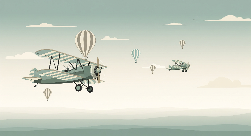 Vintage Biplane and Balloons in a Soft Sky Wall Mural