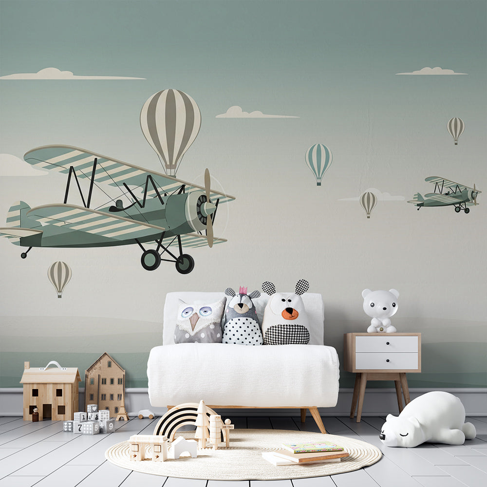 Kids-Mundo airplane wall mural brightening a playroom accent wall with balloons