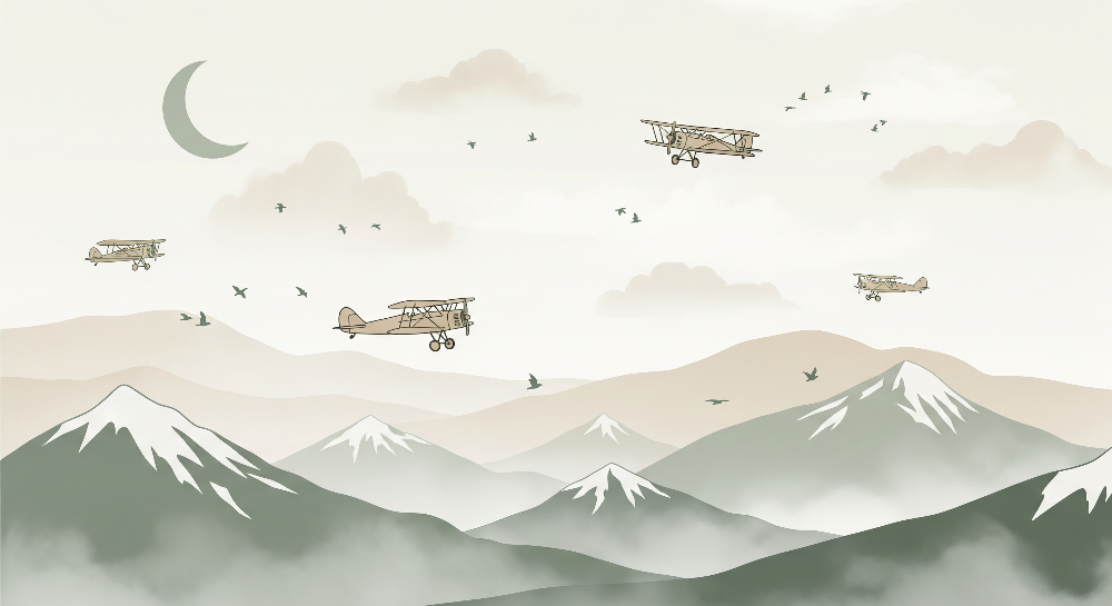 Kids-Mundo vintage biplanes artwork with snow-capped mountains and a crescent moon