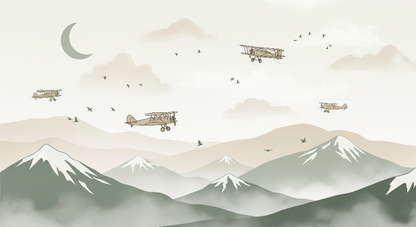 Kids-Mundo vintage biplanes artwork with snow-capped mountains and a crescent moon