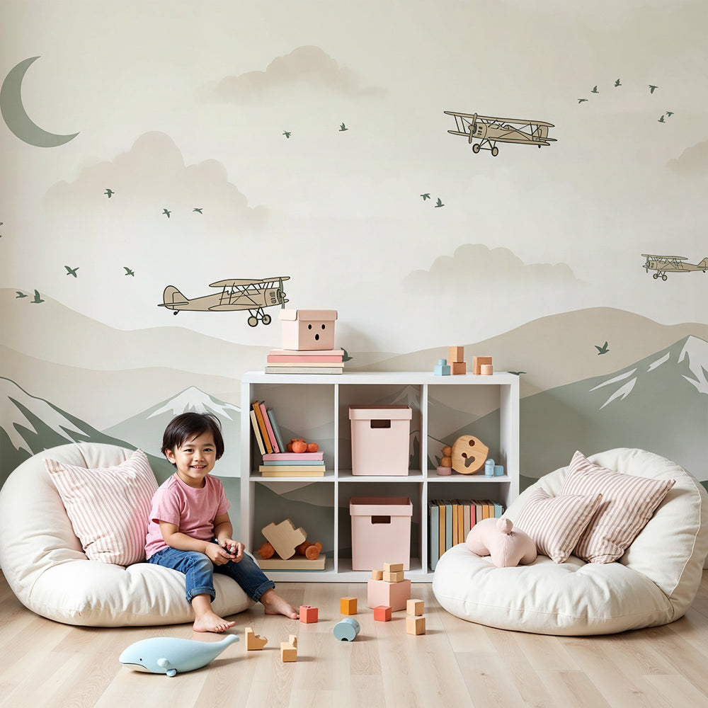 Kids-Mundo vintage biplanes wall mural behind a cot in a dreamy adventure nursery