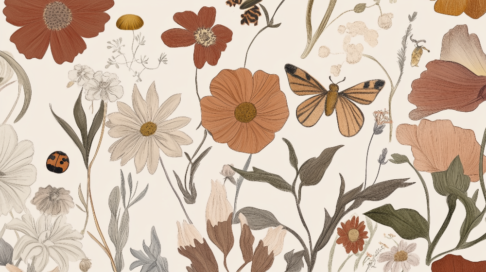 Flat artwork of the Kids-Mundo vintage botanical flowers and butterfly mural design