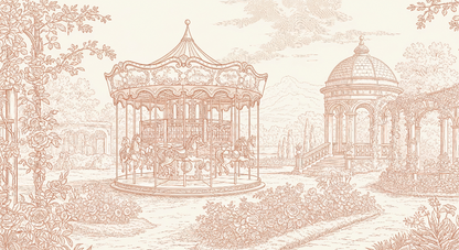 Kids-Mundo flat artwork of a sepia line-drawn carousel in a rose garden