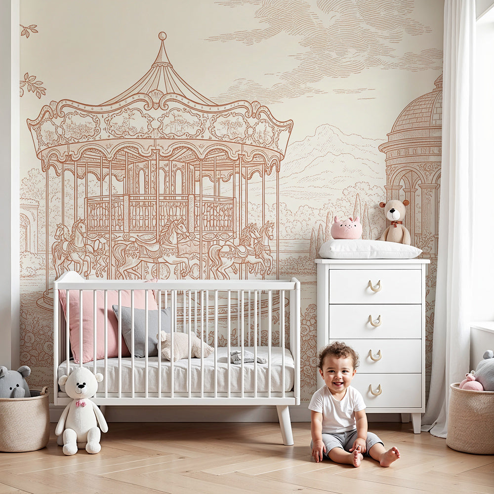 Kids-Mundo vintage carousel garden wall mural made to measure in a nursery