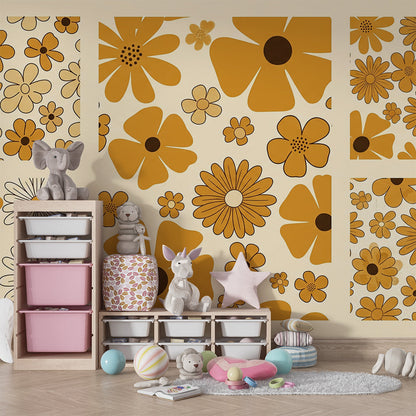 Kids-Mundo daisy floral wall mural on a feature wall behind a bed in a kids bedroom