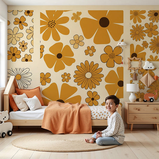 Kids-Mundo vintage daisy wall mural above a cot in a warm golden-toned nursery