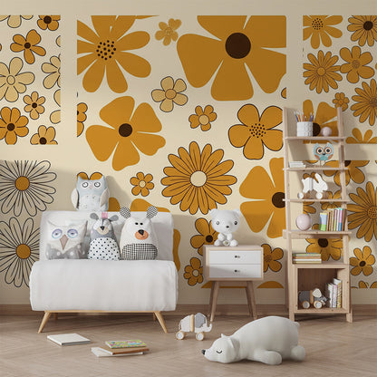 Kids-Mundo floral mural covering a playroom wall with soft golden daisy pattern