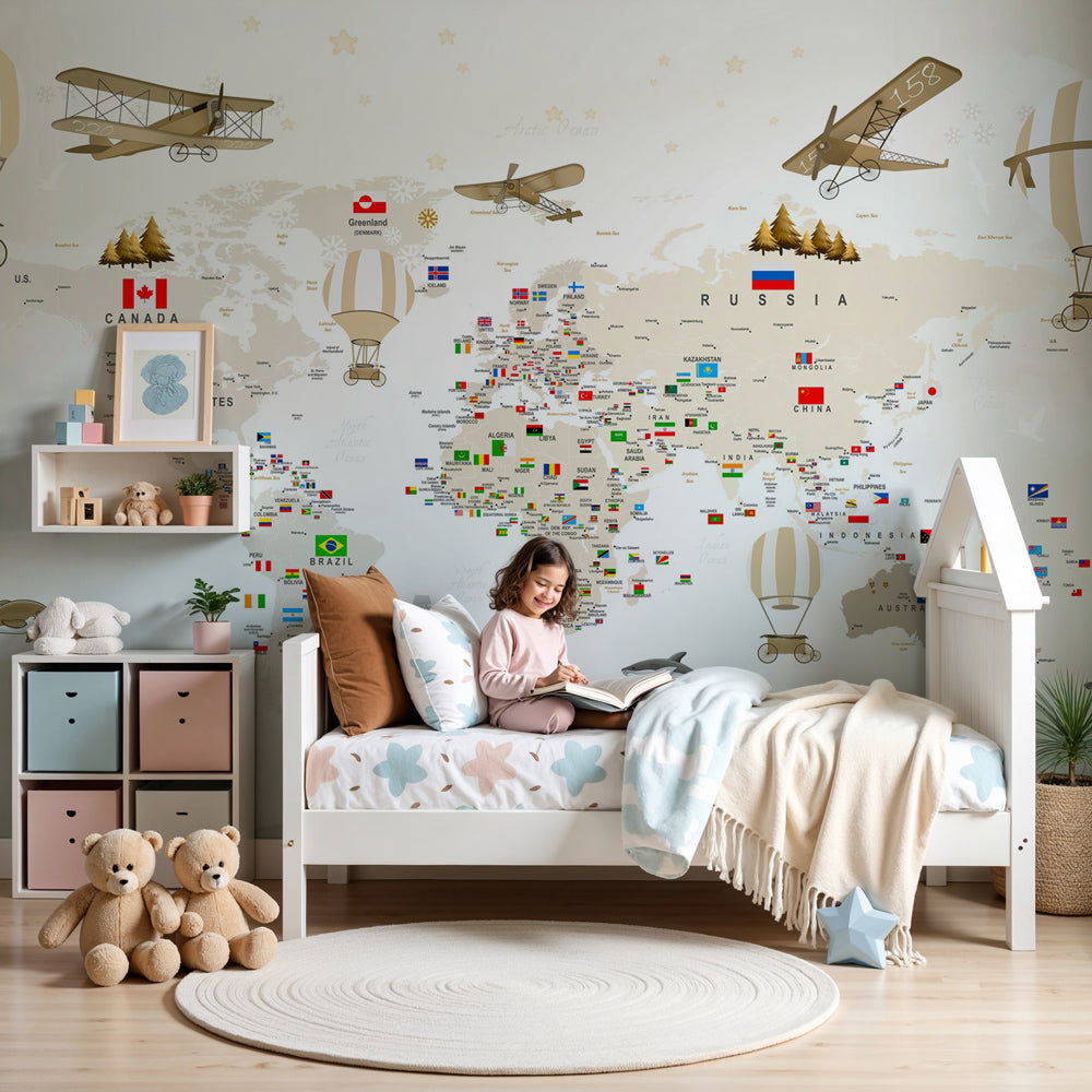 Kids-Mundo vintage world map wall mural with flags printed to size in a cream and sand nursery