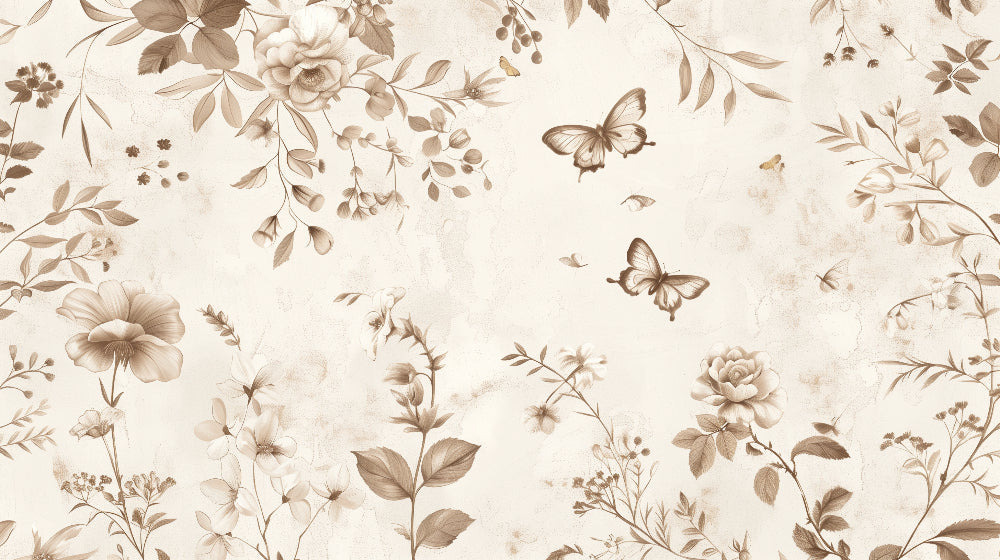 Detailed vintage floral mural wallpaper design pattern with beige flowers and sepia butterflies by Kids-Mundo
