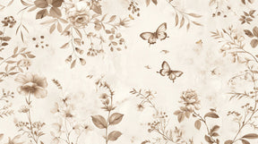 Detailed vintage floral mural wallpaper design pattern with beige flowers and sepia butterflies by Kids-Mundo