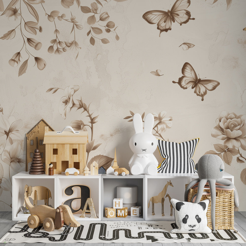 Botanical vintage wallpaper featuring delicate flowers and butterflies in cozy toddler room setting