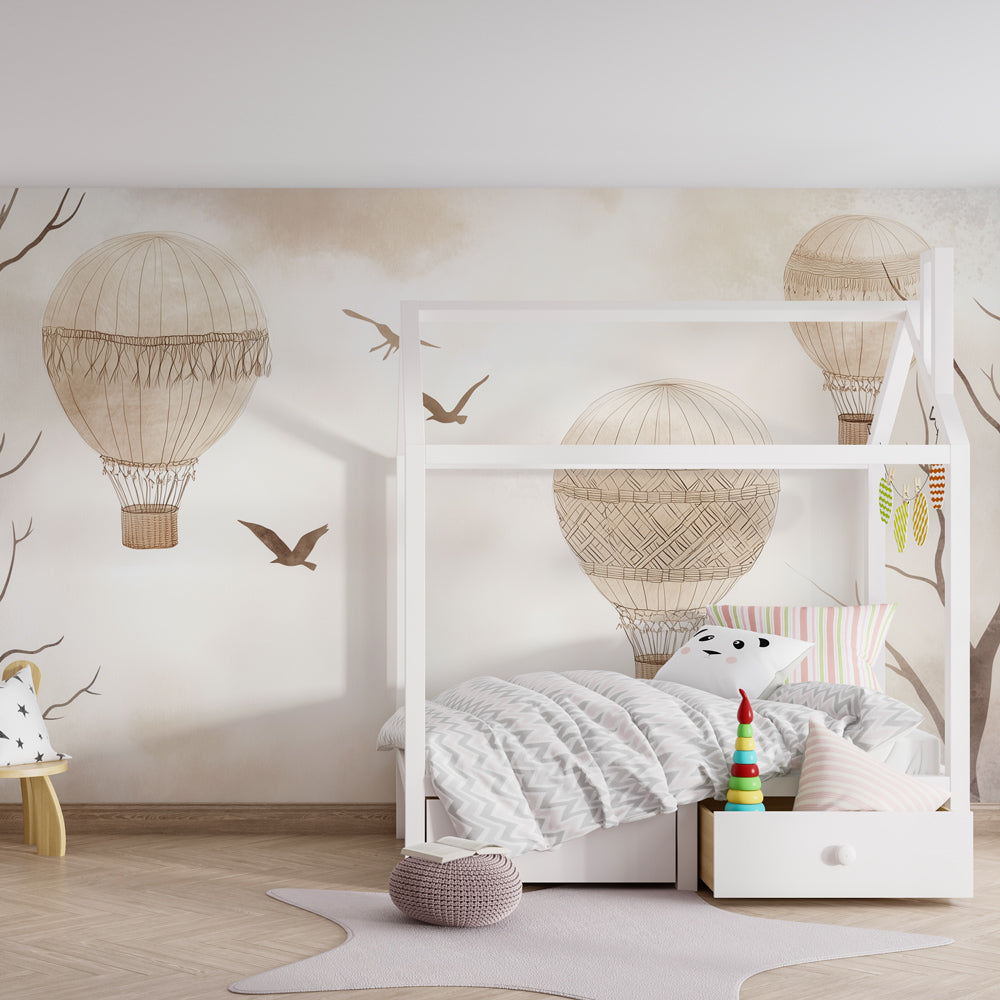 Kids-Mundo hot air balloon wall mural bringing a gentle vintage mood to a playroom.