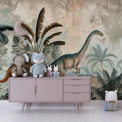 Dinosaur jungle wall mural by Kids-Mundo styled on an older child's bedroom wall