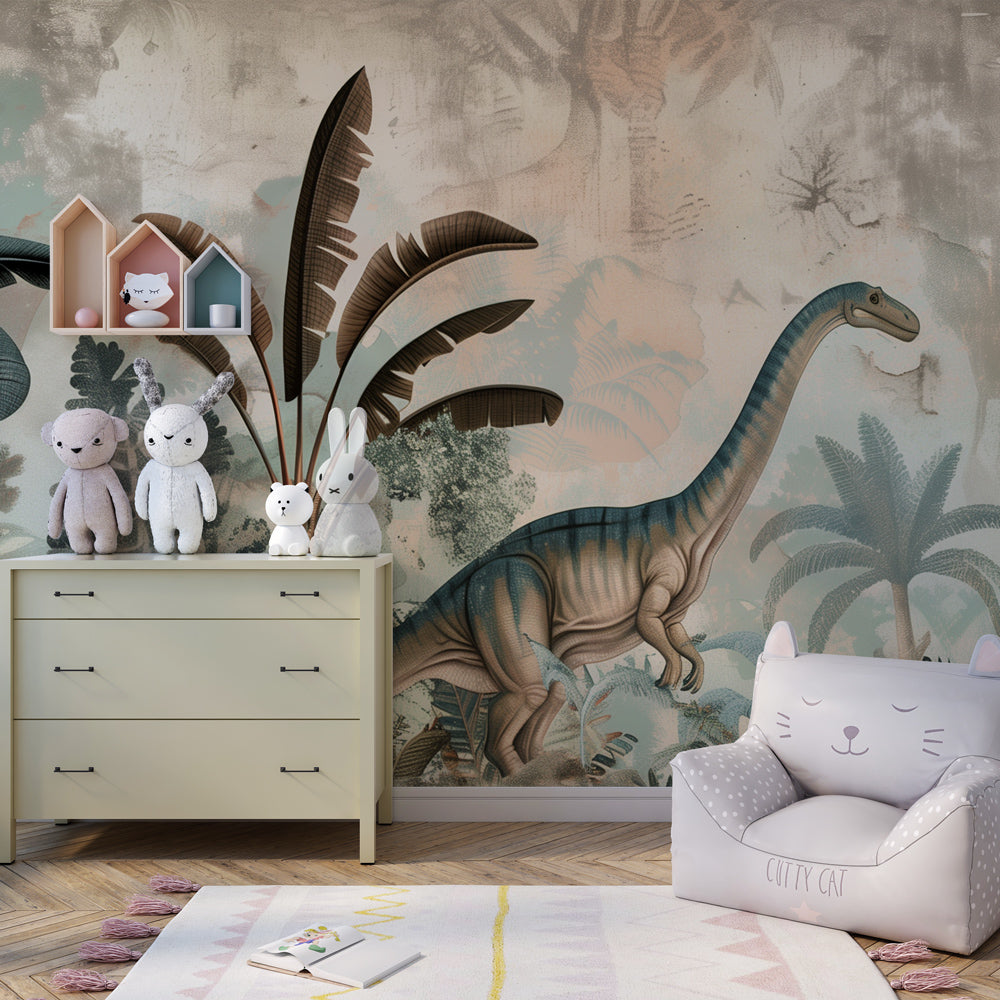 Kids-Mundo vintage dinosaur wall mural with ferns styled in an adventure playroom
