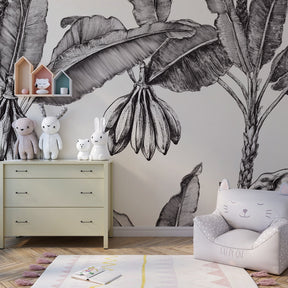 Botanical jungle mural wallpaper with banana trees in modern children's room by Kids-Mundo