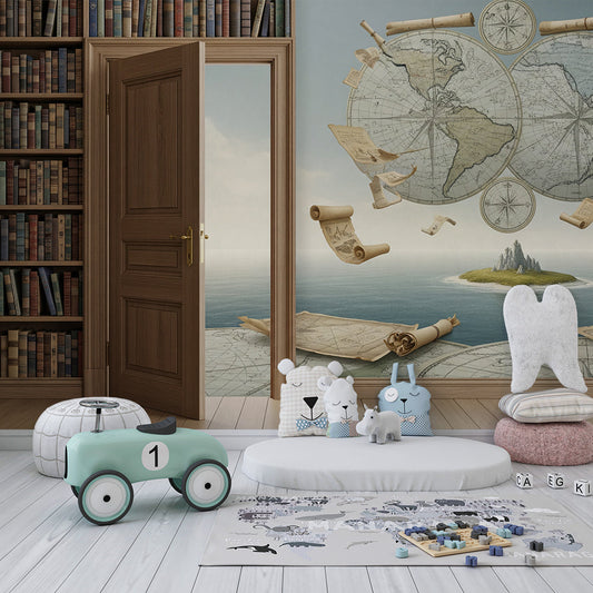 Kids-Mundo library door and ocean map wall mural on a feature wall in a kids bedroom.