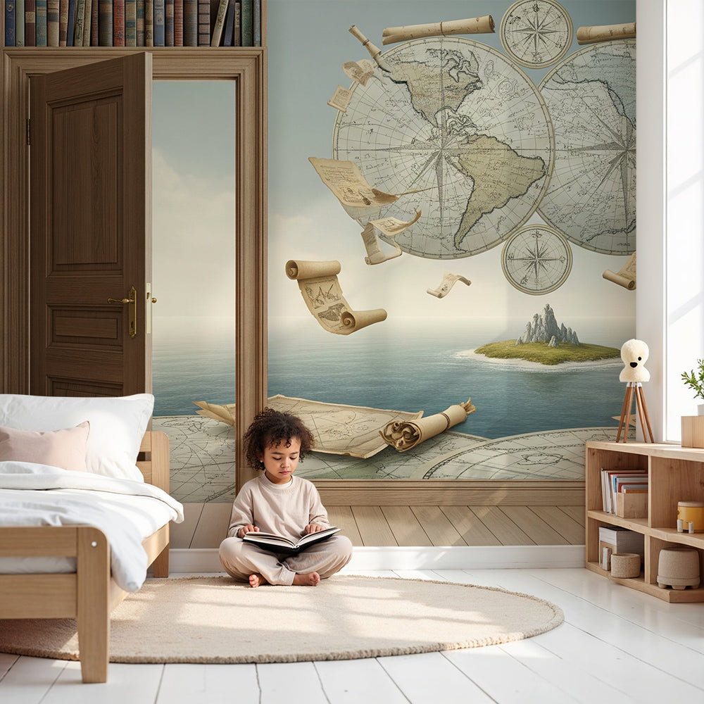 Kids-Mundo vintage map wall mural styled above a cot in a warm, book-filled nursery corner.