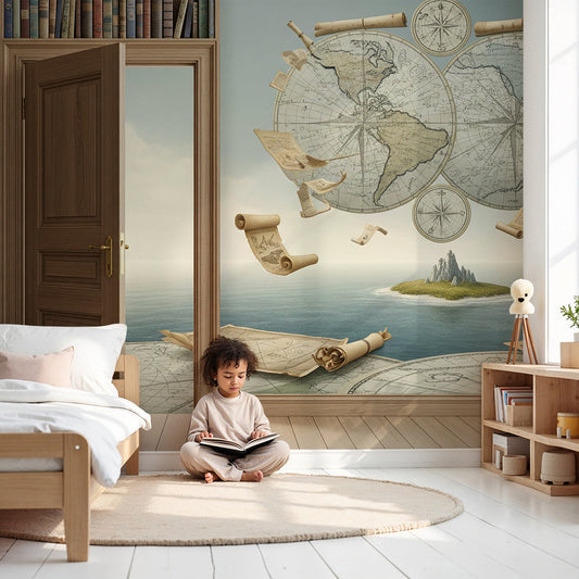 Kids-Mundo vintage map wall mural styled above a cot in a warm, book-filled nursery corner.
