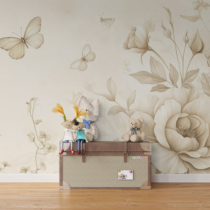 Kids-Mundo vintage floral mural bringing gentle botanical charm to a playroom wall.
