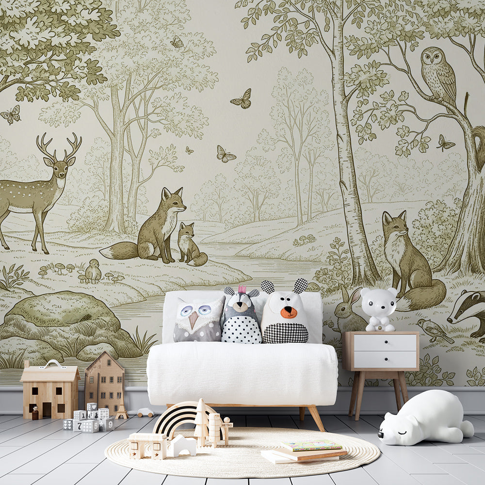 Kids-Mundo vintage woodland sketch mural styled on a wall in a kids bedroom