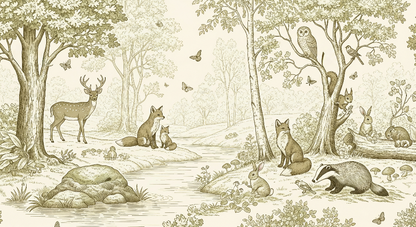 Kids-Mundo flat artwork preview of the sketched woodland wall mural with deer, fox, owl and badger