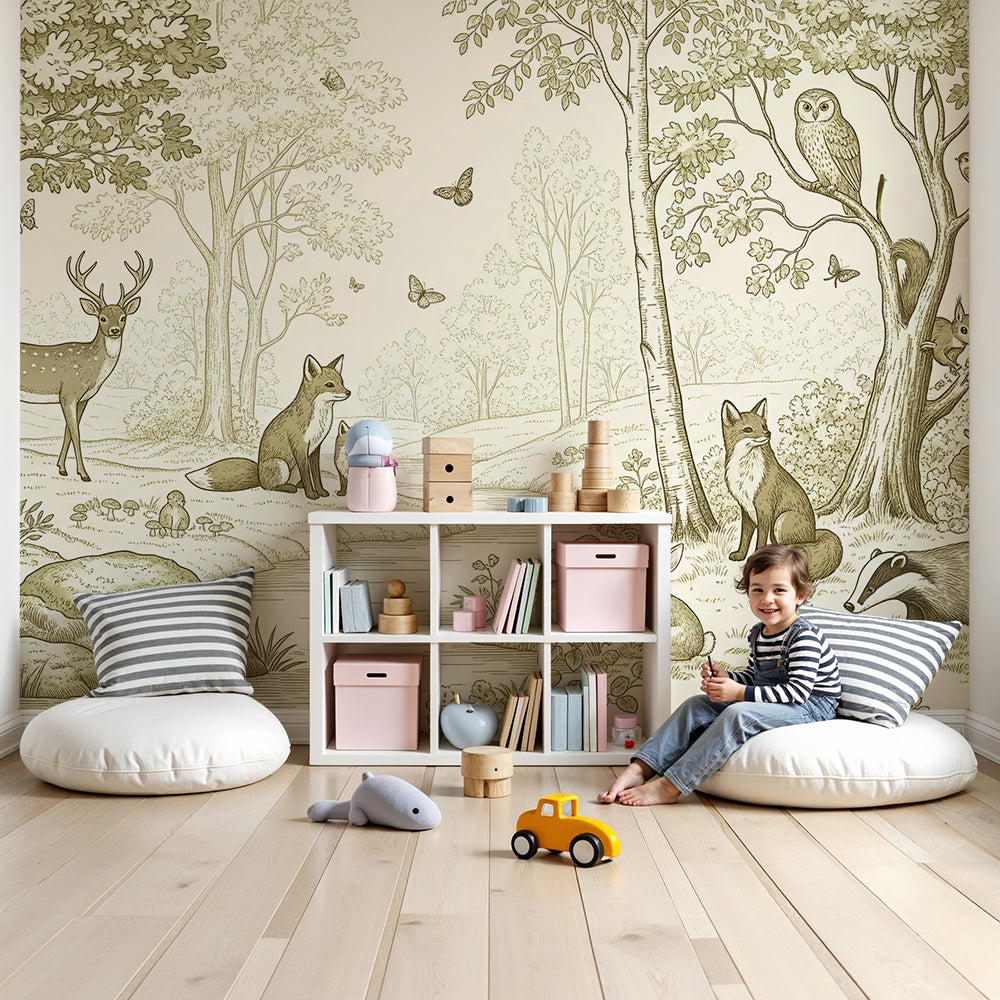 Kids-Mundo sketched woodland animals wall mural with deer and fox in a soft nursery
