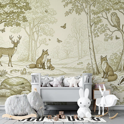 Kids-Mundo woodland stream animal sketch mural brightening a child's playroom wall