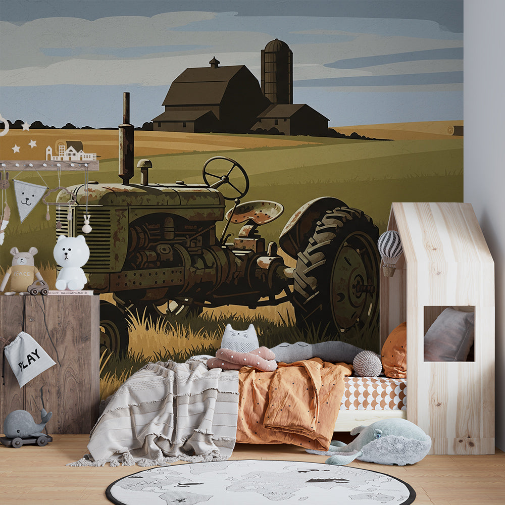 Kids-Mundo tractor and hay bale wall mural featured in a cosy children's bedroom