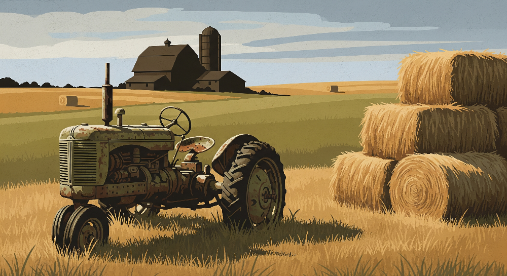 Flat artwork preview of the Kids-Mundo vintage tractor and golden harvest field wall mural