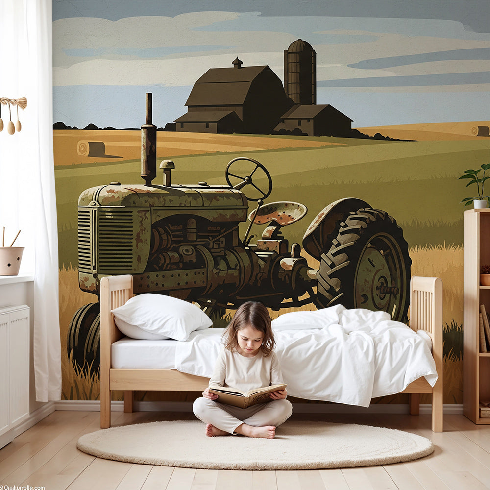 Vintage tractor farm wall mural by Kids-Mundo styled in a sunny children's nursery