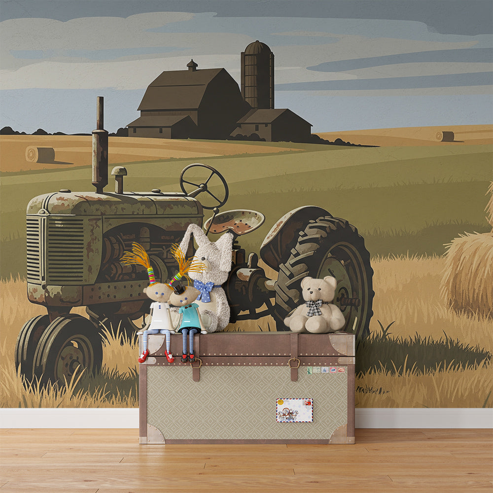 Farm-themed tractor wall mural from Kids-Mundo brightening a colourful kids' playroom