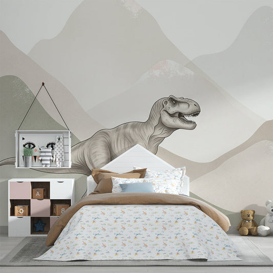 Kids-Mundo T-Rex dinosaur mural styled on a kids bedroom wall with soft sage mountain tones