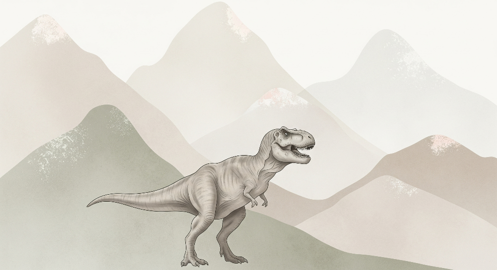 Kids-Mundo flat artwork of a hand-sketched T-Rex among muted layered mountains