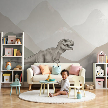 Kids-Mundo vintage sketch T-Rex wall mural in a muted-tone nursery with layered mountain backdrop