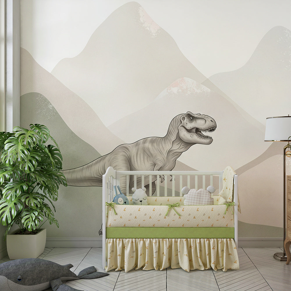 Kids-Mundo sketch-style T-Rex mural decorating a playroom wall with muted mountain layers
