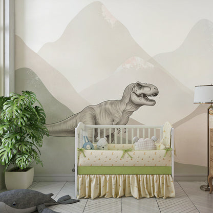 Kids-Mundo sketch-style T-Rex mural decorating a playroom wall with muted mountain layers
