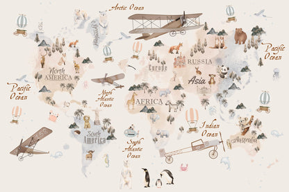 Kids-Mundo vintage world map wall mural flat artwork with animals and vintage biplanes