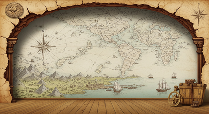 Kids-Mundo flat artwork preview of the vintage world map stone archway wall mural design.